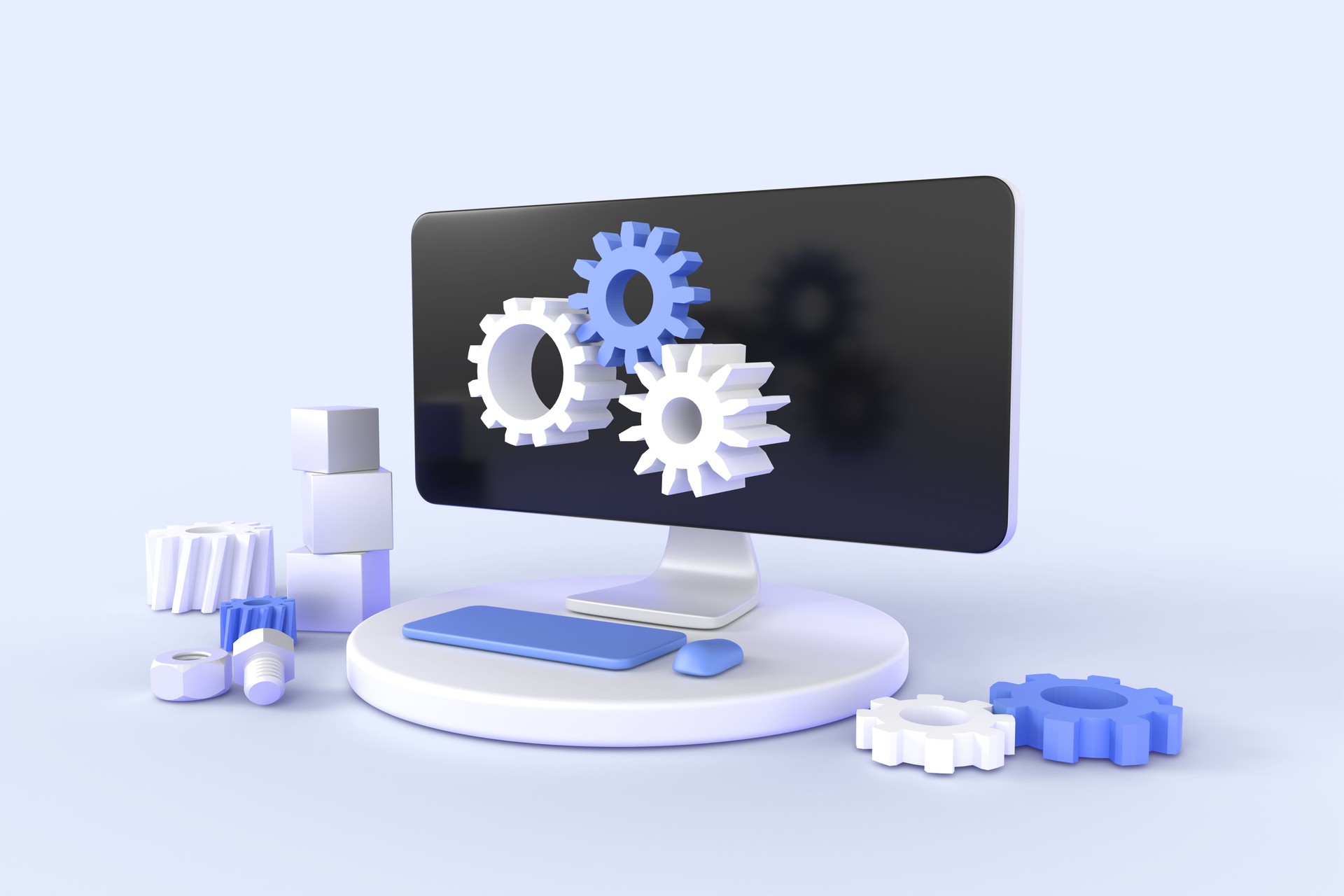Technical support isometric 3d render. Computer service with gears on pc screen, software development. Concept of settings, installation, maintenance, repair and fixing, web banner