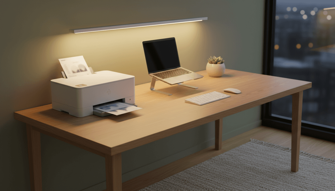 Modern home office with a printer on a clean desk near a laptop, warm lighting