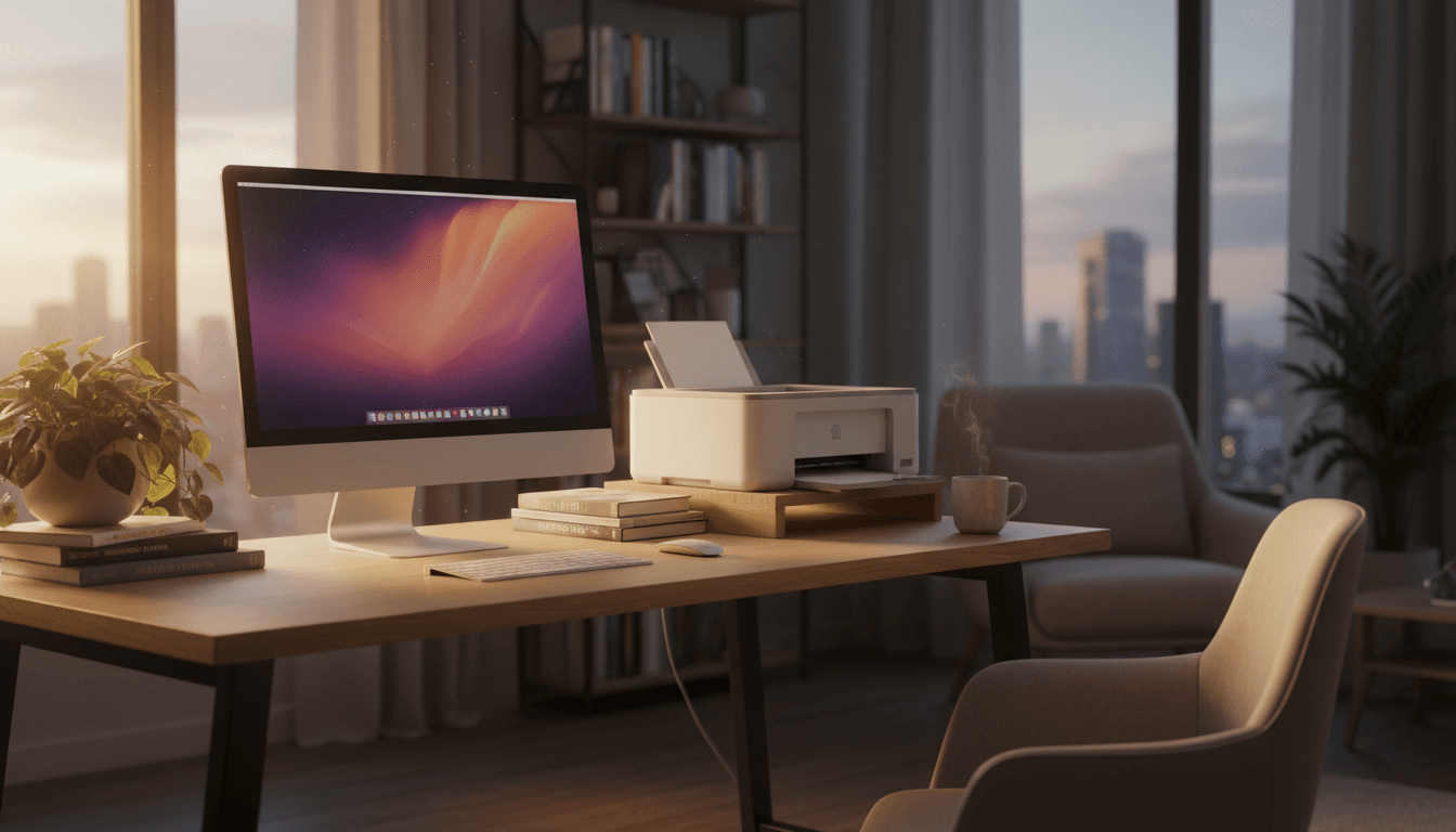 Home office desk with a computer and printer in warm lighting