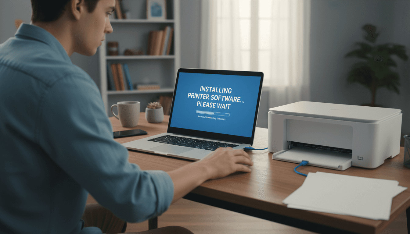 person installing printer software on laptop at home desk
