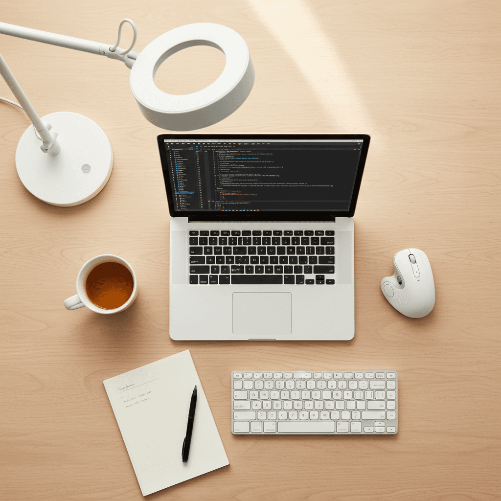 Laptop fully set up on a clean desk with monitor, keyboard, and mouse arranged neatly, ready to work